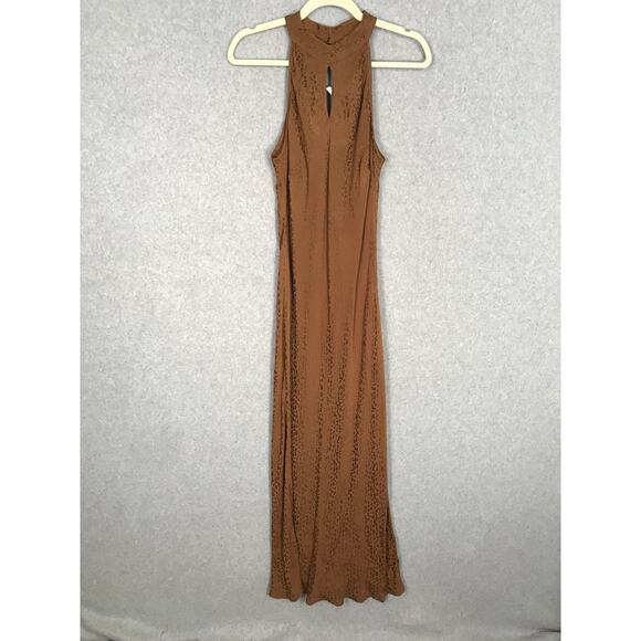 Young Fabulous Broke Dress Medium Brown Satin Slip Leopard Satin Stretch Halter - Picture 2 of 10